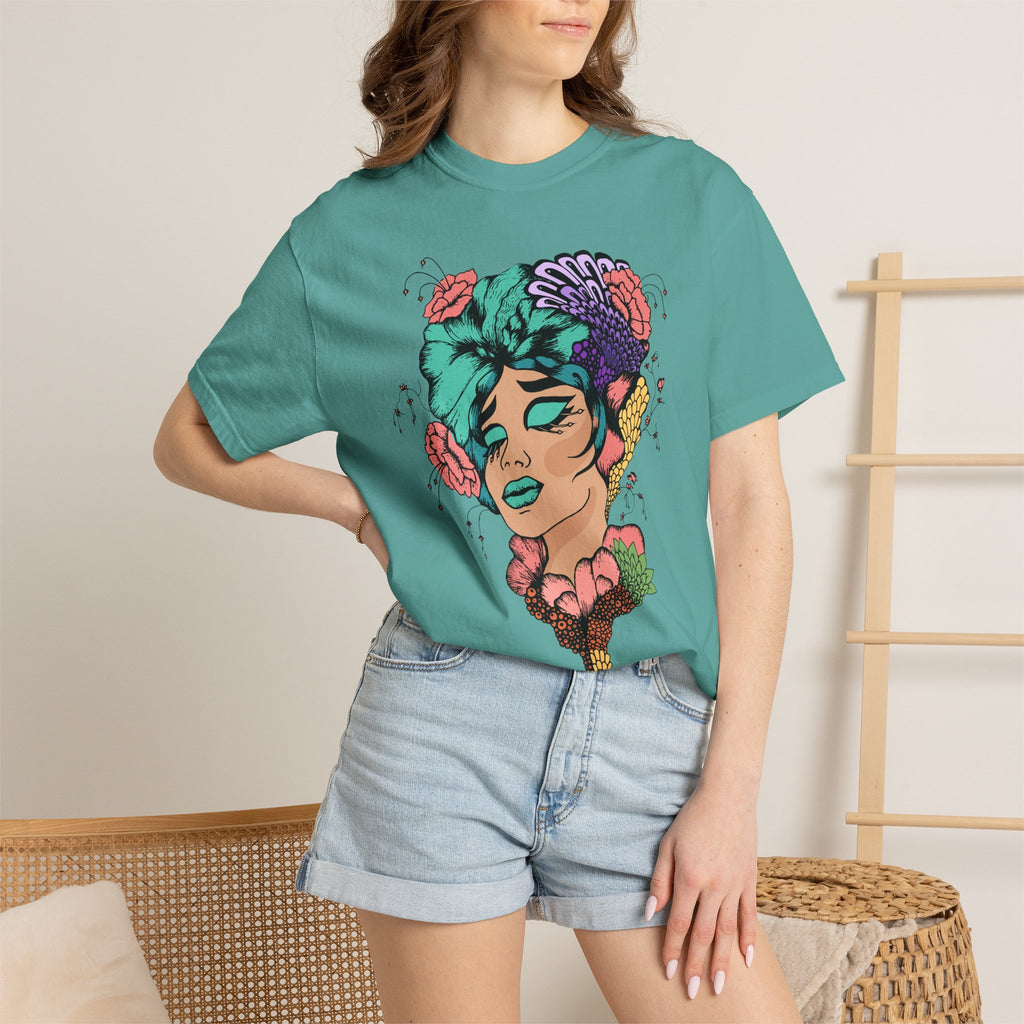 Floral Portrait Graphic T‑Shirt — Colorful Woman Face Art Tee