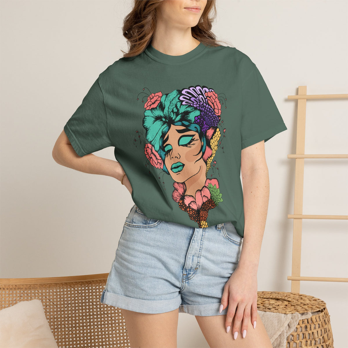Floral Portrait Graphic T‑Shirt — Colorful Woman Face Art Tee