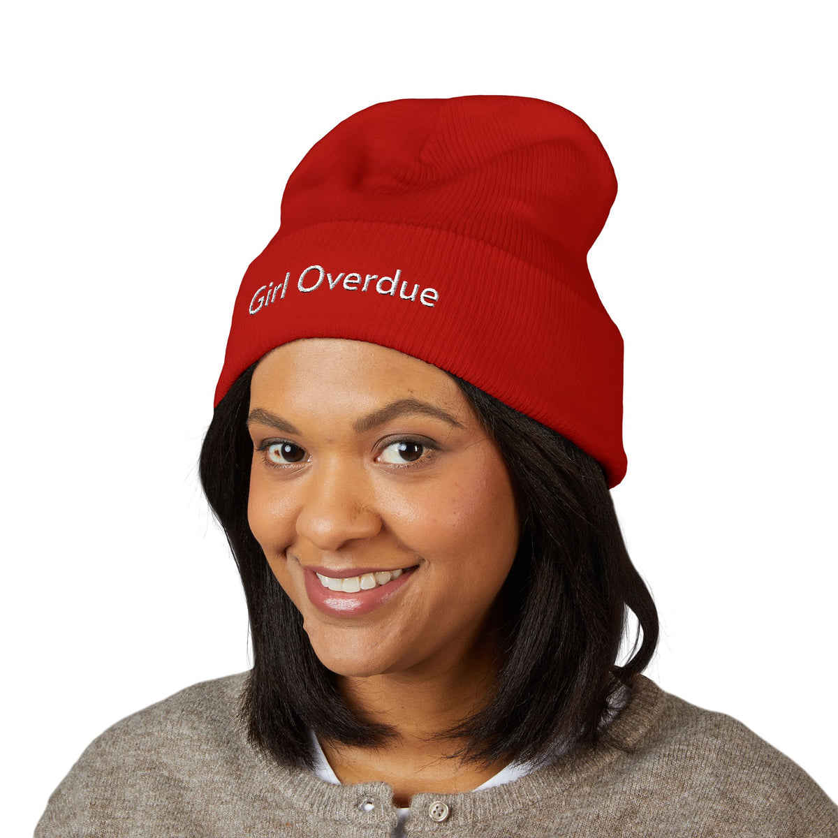 Embroidered "Girl Overdue" Classic Cuffed Beanie — Cozy Feminine Knit Hat