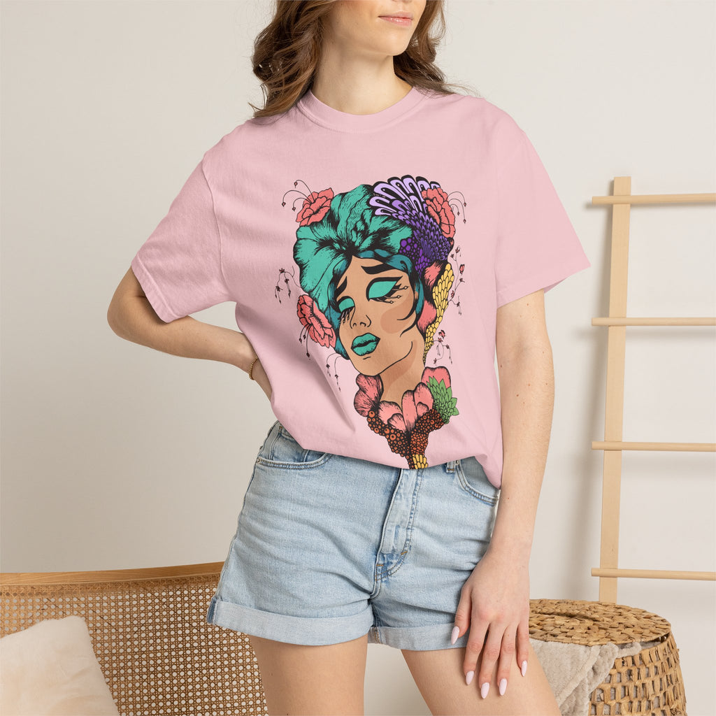 Floral Portrait Graphic T‑Shirt — Colorful Woman Face Art Tee