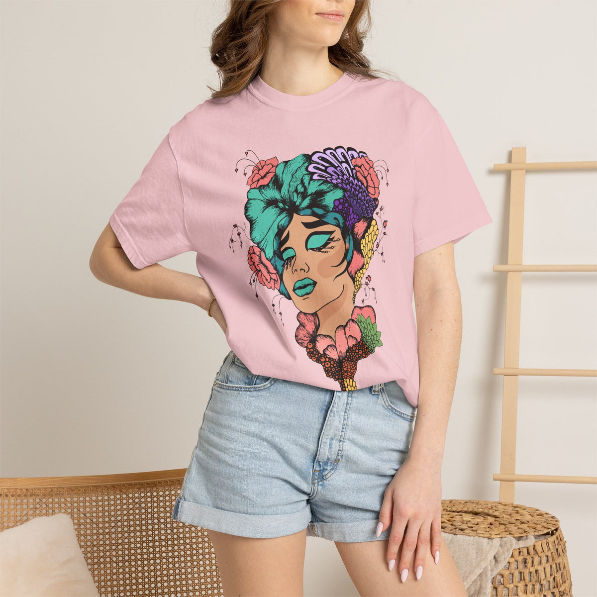 Floral Portrait Graphic T‑Shirt — Colorful Woman Face Art Tee