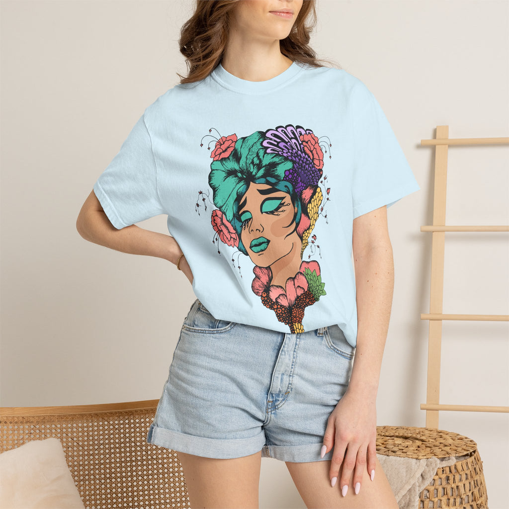 Floral Portrait Graphic T‑Shirt — Colorful Woman Face Art Tee