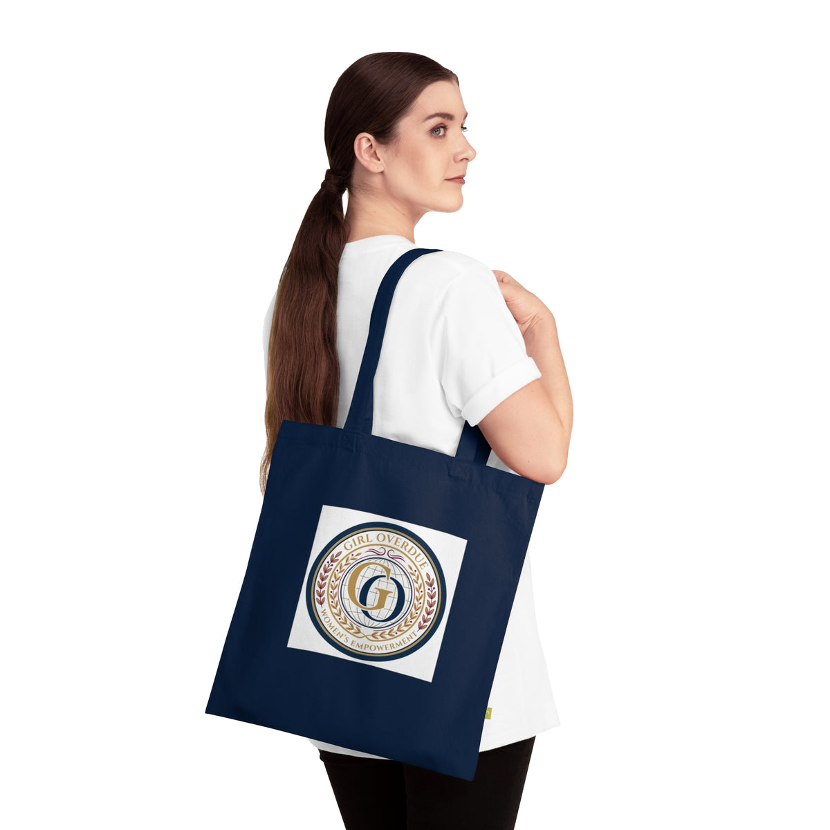 Girl Overdoing It Emblem Tote Bag — Organic Cotton Navy Reusable Shopper