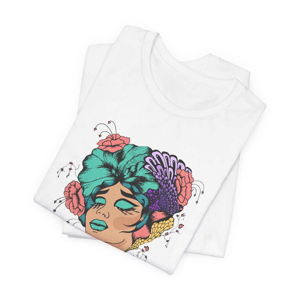 Floral Goddess Art Tee — Colorful Woman Portrait Graphic T-Shirt