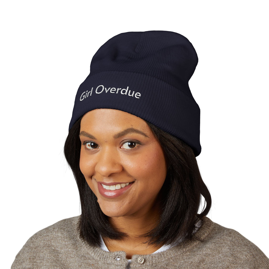 Embroidered "Girl Overdue" Classic Cuffed Beanie — Cozy Feminine Knit Hat