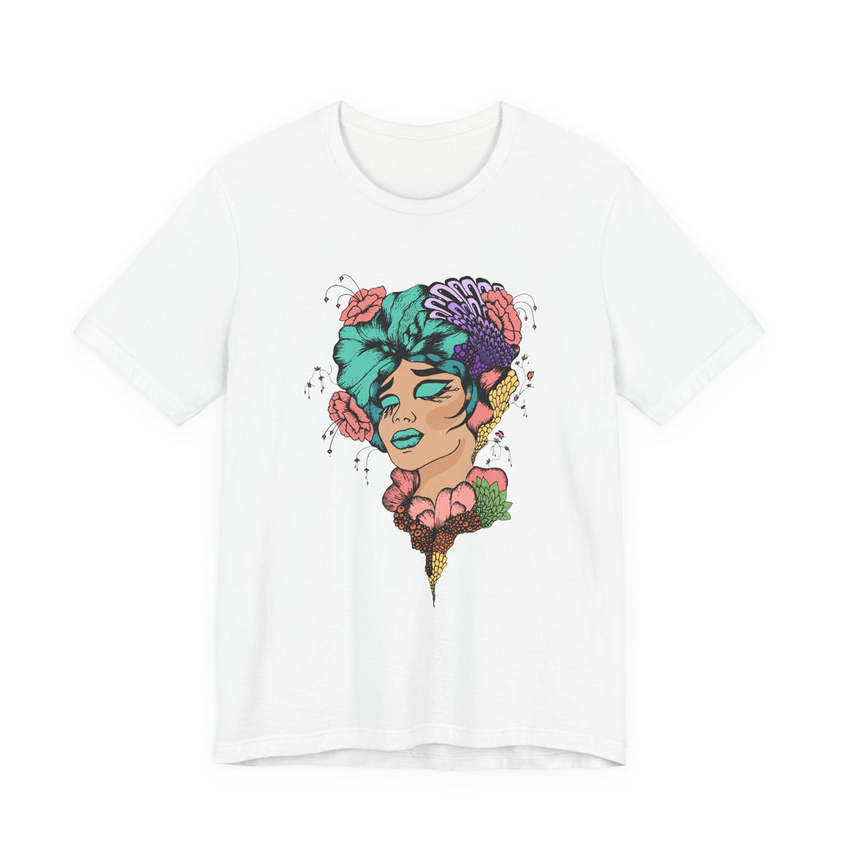 Floral Goddess Art Tee — Colorful Woman Portrait Graphic T-Shirt