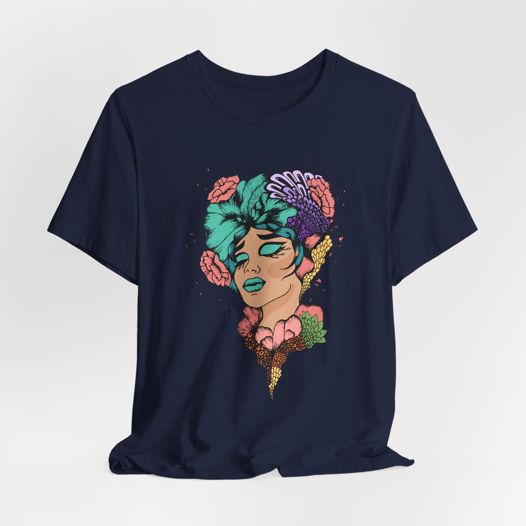 Floral Goddess Art Tee — Colorful Woman Portrait Graphic T-Shirt