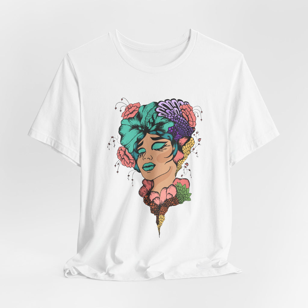 Floral Goddess Art Tee — Colorful Woman Portrait Graphic T-Shirt