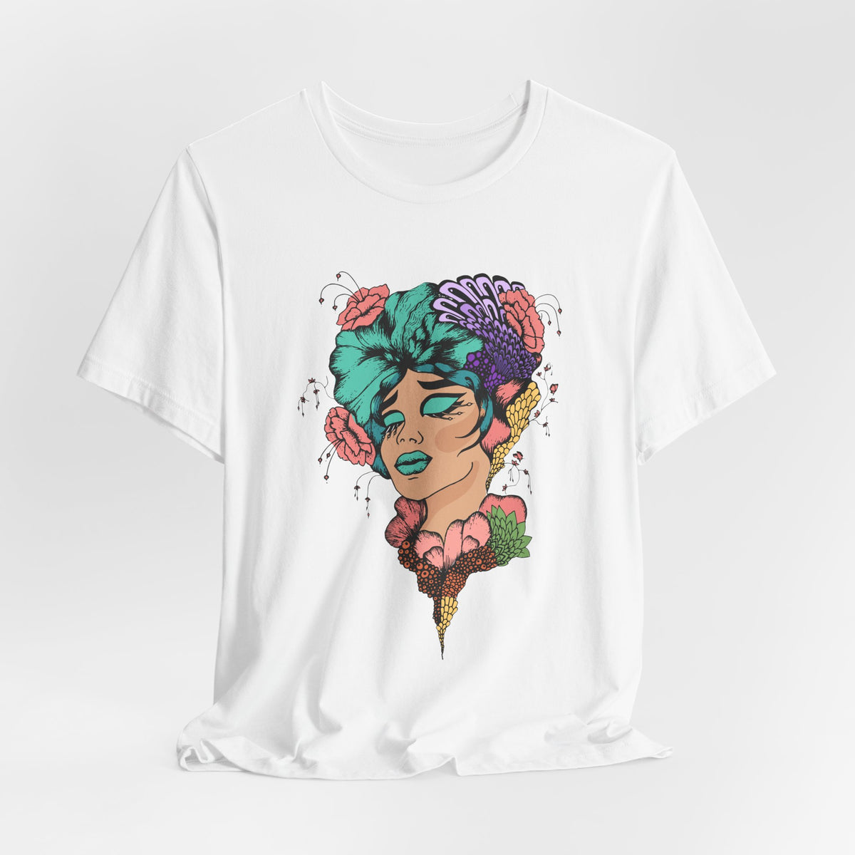 Floral Goddess Art Tee — Colorful Woman Portrait Graphic T-Shirt