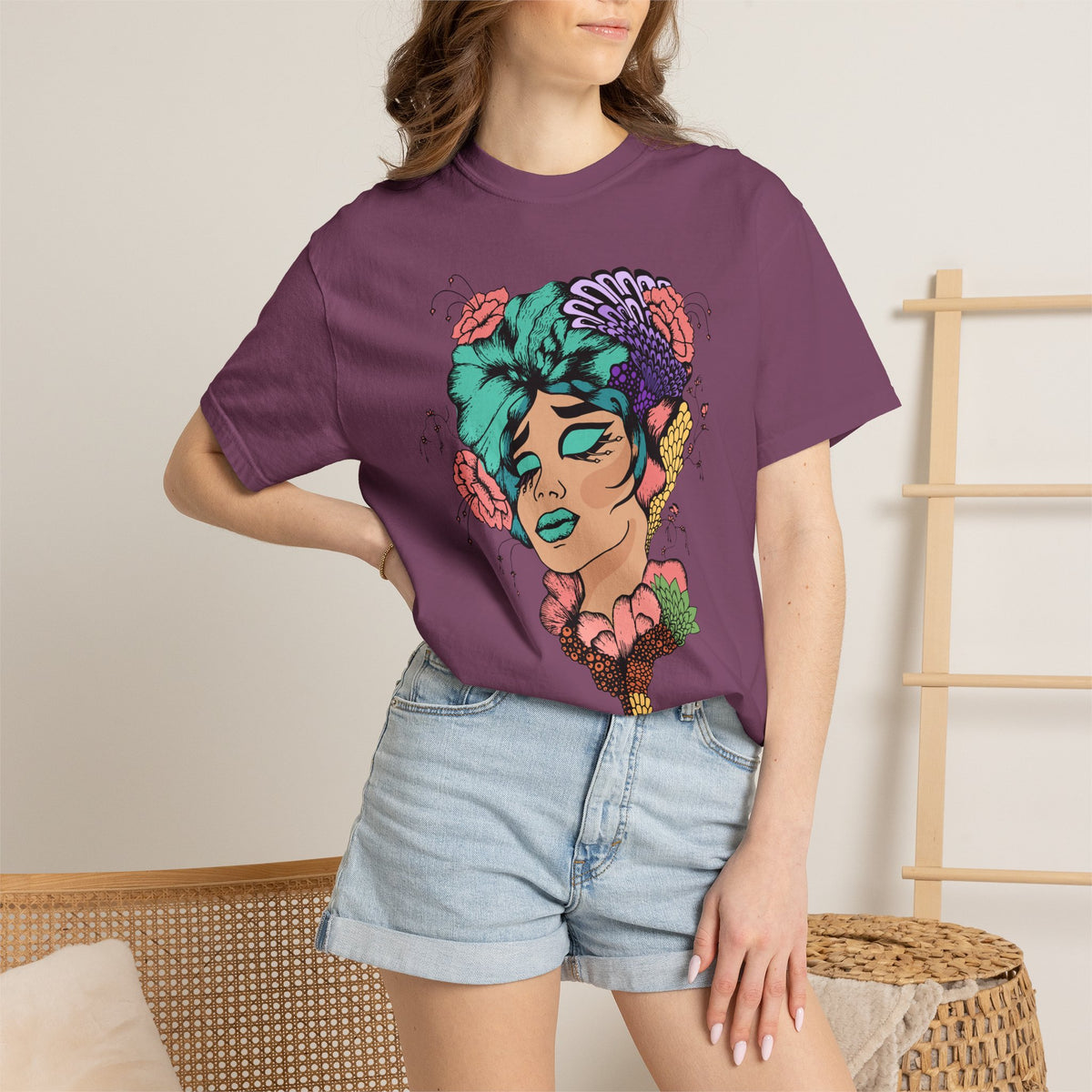 Floral Portrait Graphic T‑Shirt — Colorful Woman Face Art Tee