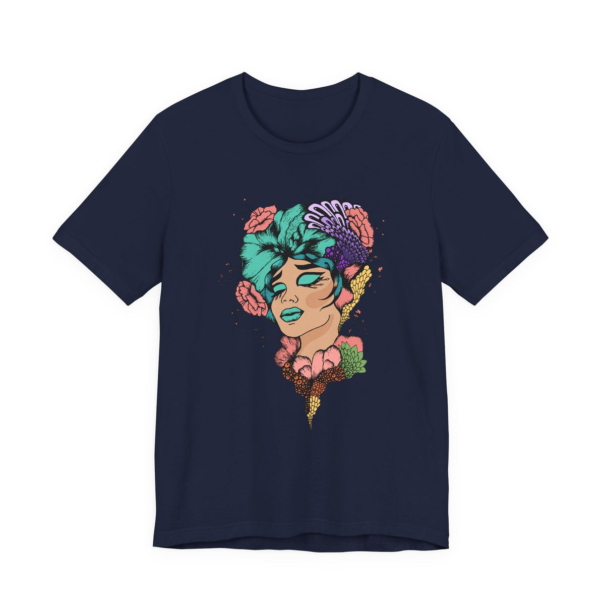 Floral Goddess Art Tee — Colorful Woman Portrait Graphic T-Shirt