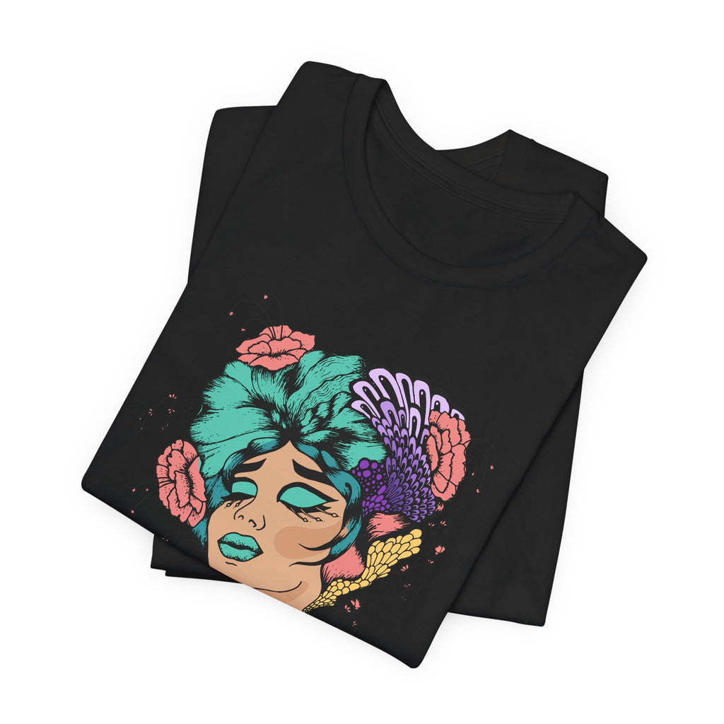 Floral Goddess Art Tee — Colorful Woman Portrait Graphic T-Shirt