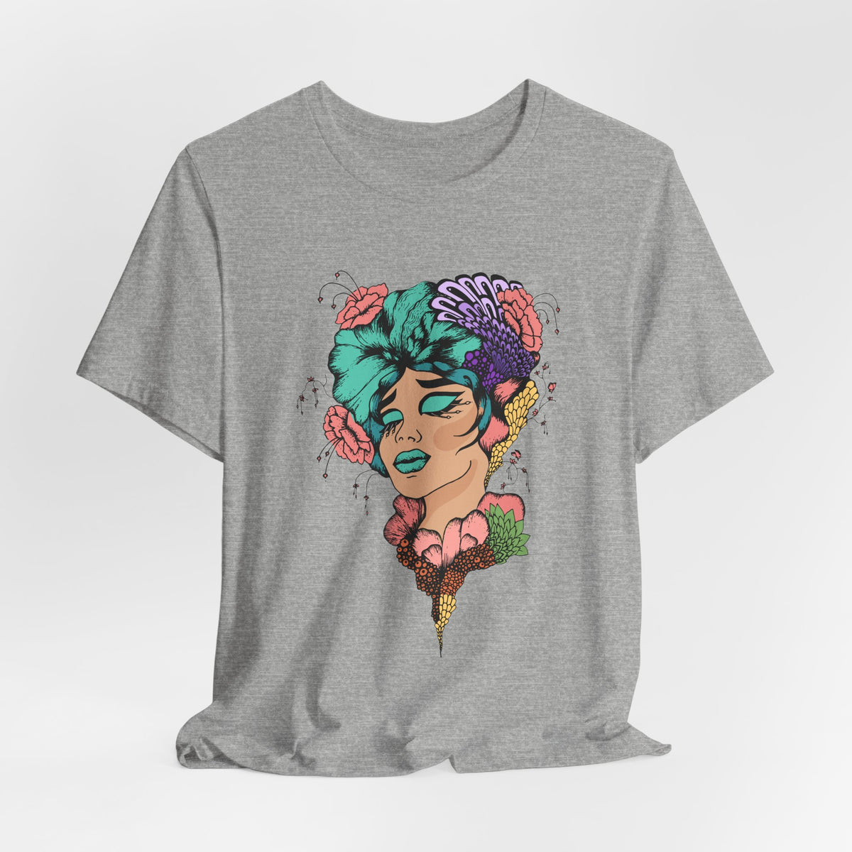Floral Goddess Art Tee — Colorful Woman Portrait Graphic T-Shirt