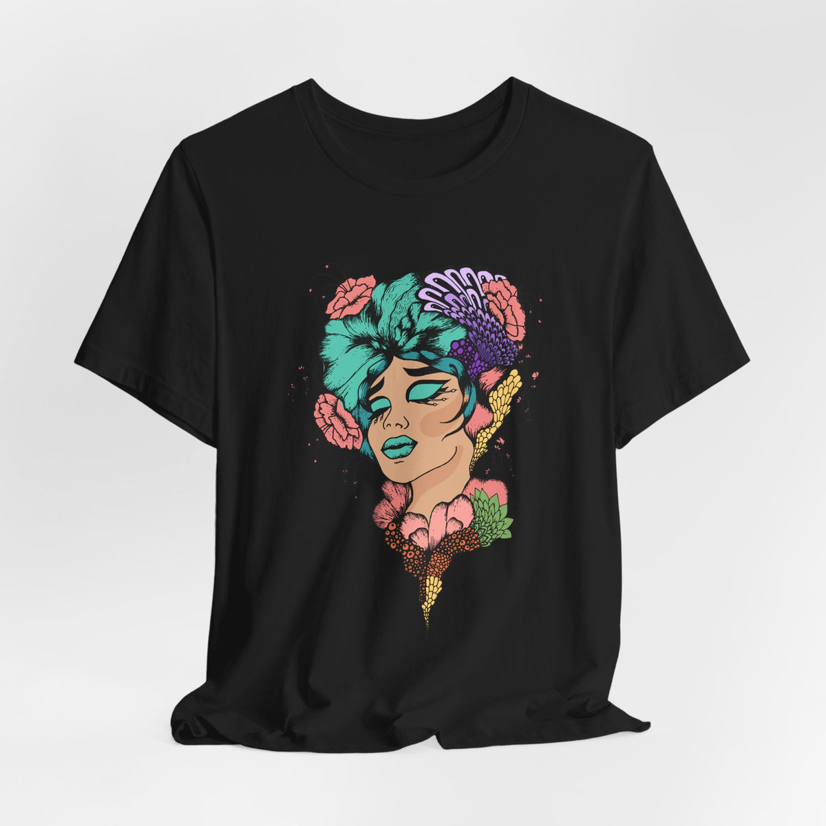 Floral Goddess Art Tee — Colorful Woman Portrait Graphic T-Shirt