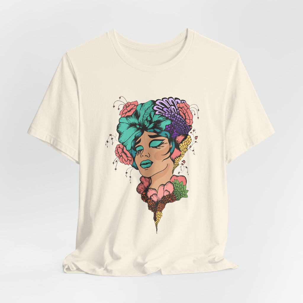 Floral Goddess Art Tee — Colorful Woman Portrait Graphic T-Shirt