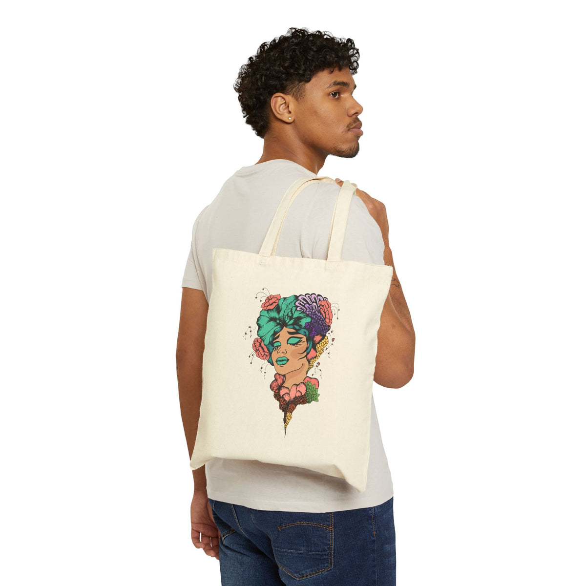 Floral Femme Portrait Tote Bag — Eco Canvas Market Bag with Colorful Botanical Illustration