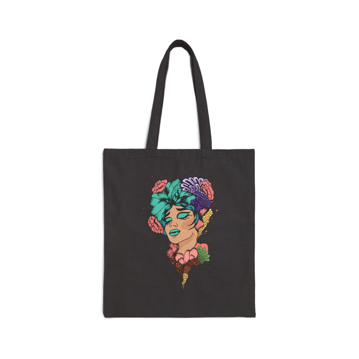 Floral Femme Portrait Tote Bag — Eco Canvas Market Bag with Colorful Botanical Illustration