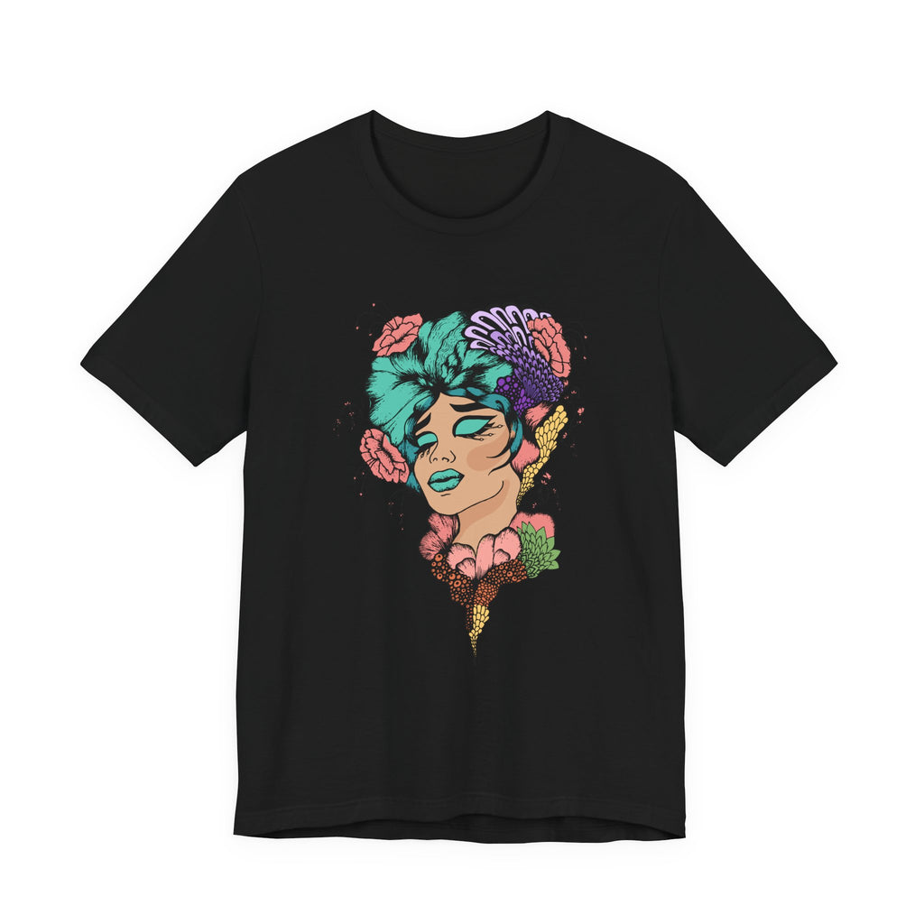 Floral Goddess Art Tee — Colorful Woman Portrait Graphic T-Shirt