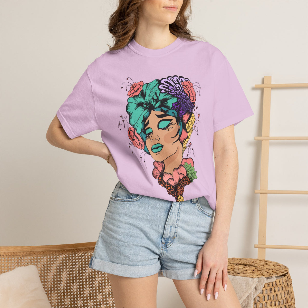 Floral Portrait Graphic T‑Shirt — Colorful Woman Face Art Tee