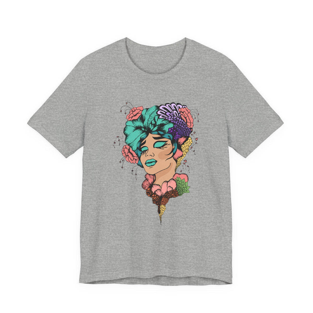 Floral Goddess Art Tee — Colorful Woman Portrait Graphic T-Shirt