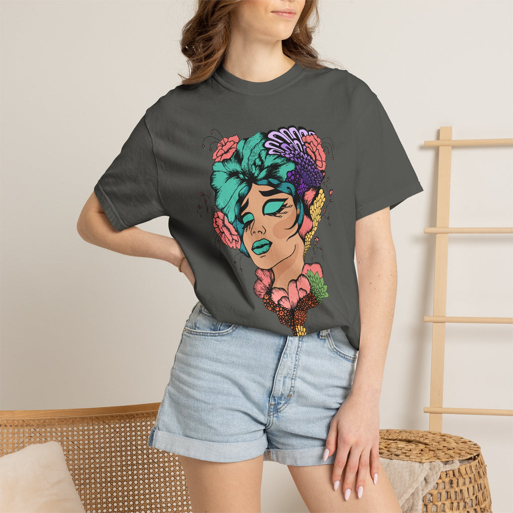 Floral Portrait Graphic T‑Shirt — Colorful Woman Face Art Tee