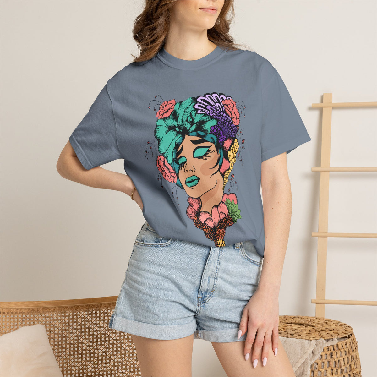 Floral Portrait Graphic T‑Shirt — Colorful Woman Face Art Tee