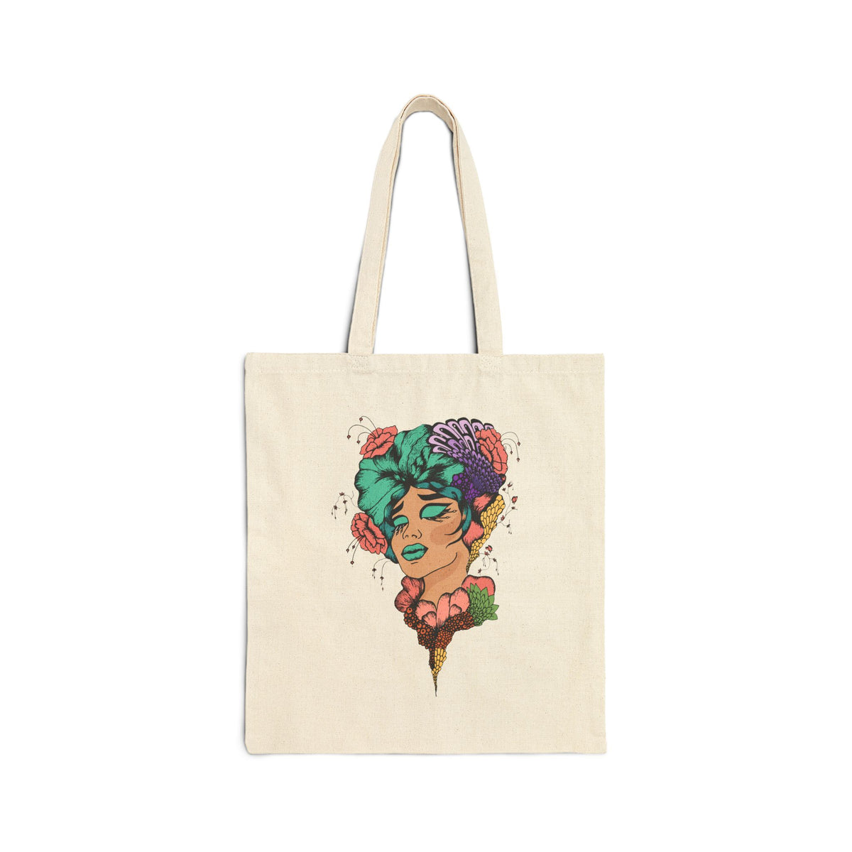 Floral Femme Portrait Tote Bag — Eco Canvas Market Bag with Colorful Botanical Illustration