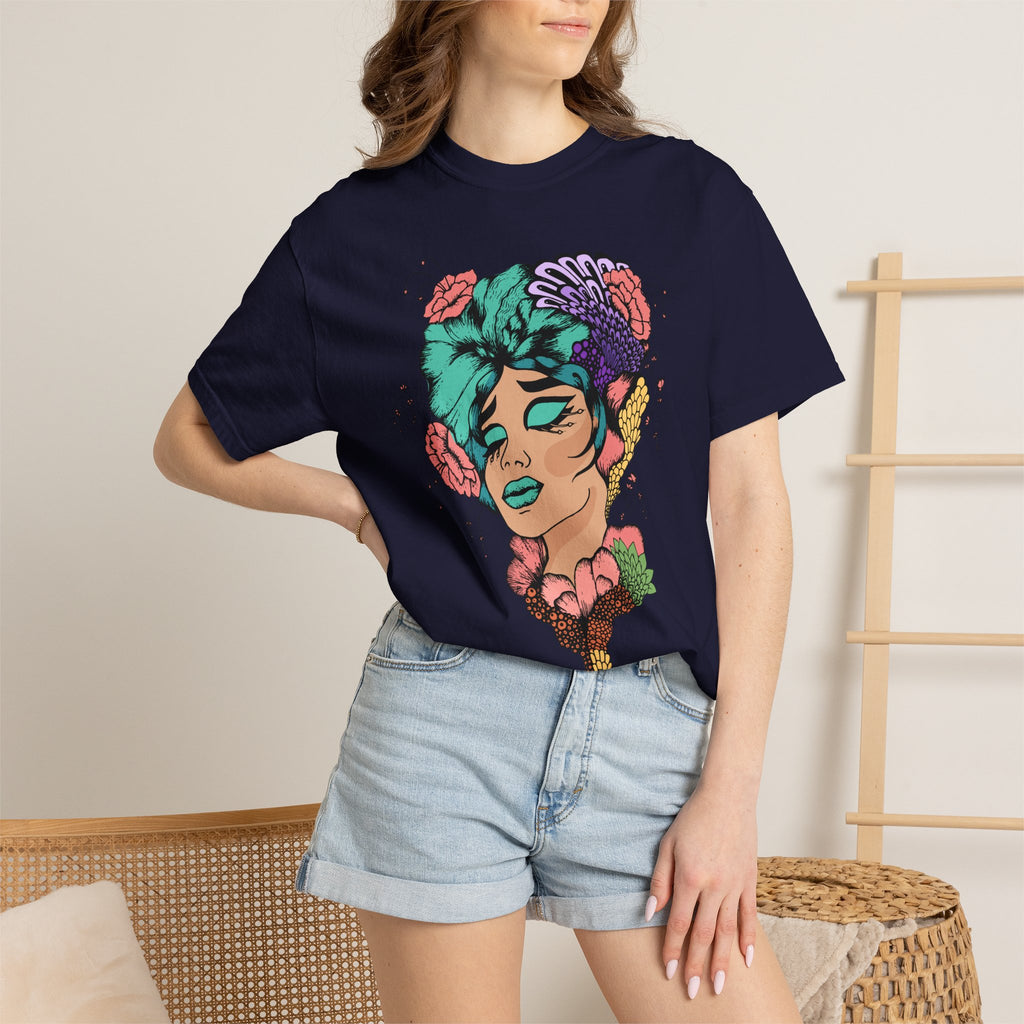 Floral Portrait Graphic T‑Shirt — Colorful Woman Face Art Tee