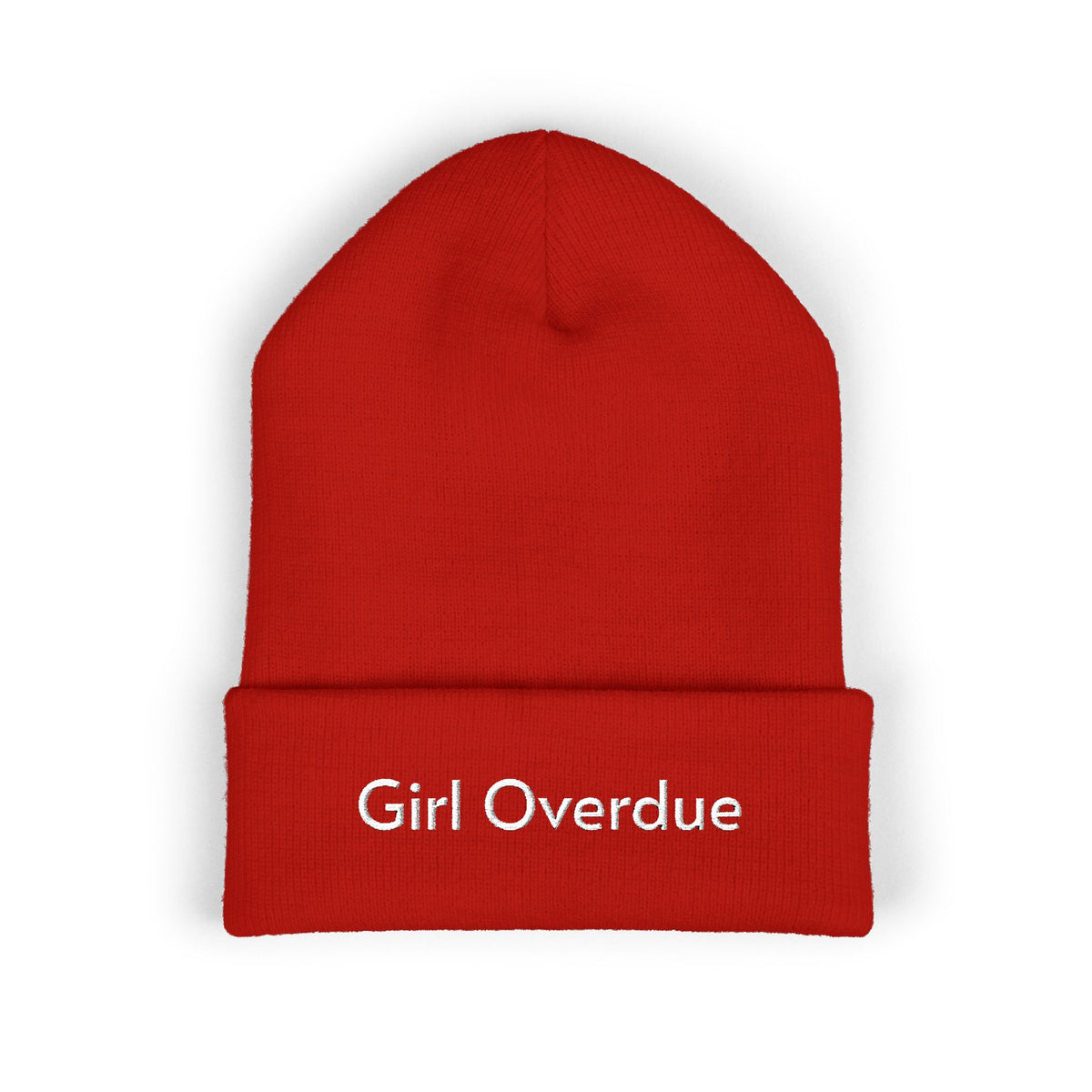 Embroidered "Girl Overdue" Classic Cuffed Beanie — Cozy Feminine Knit Hat