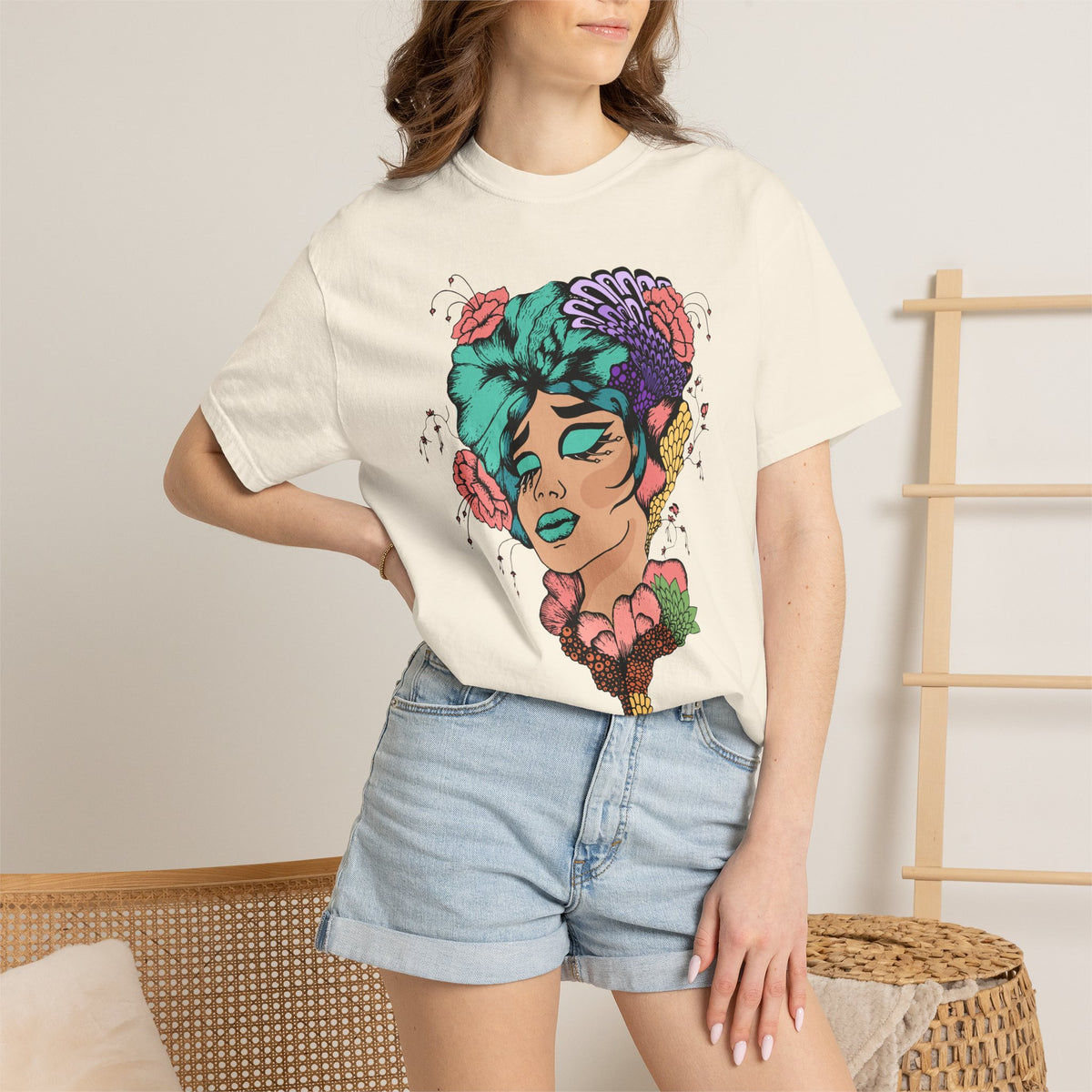 Floral Portrait Graphic T‑Shirt — Colorful Woman Face Art Tee