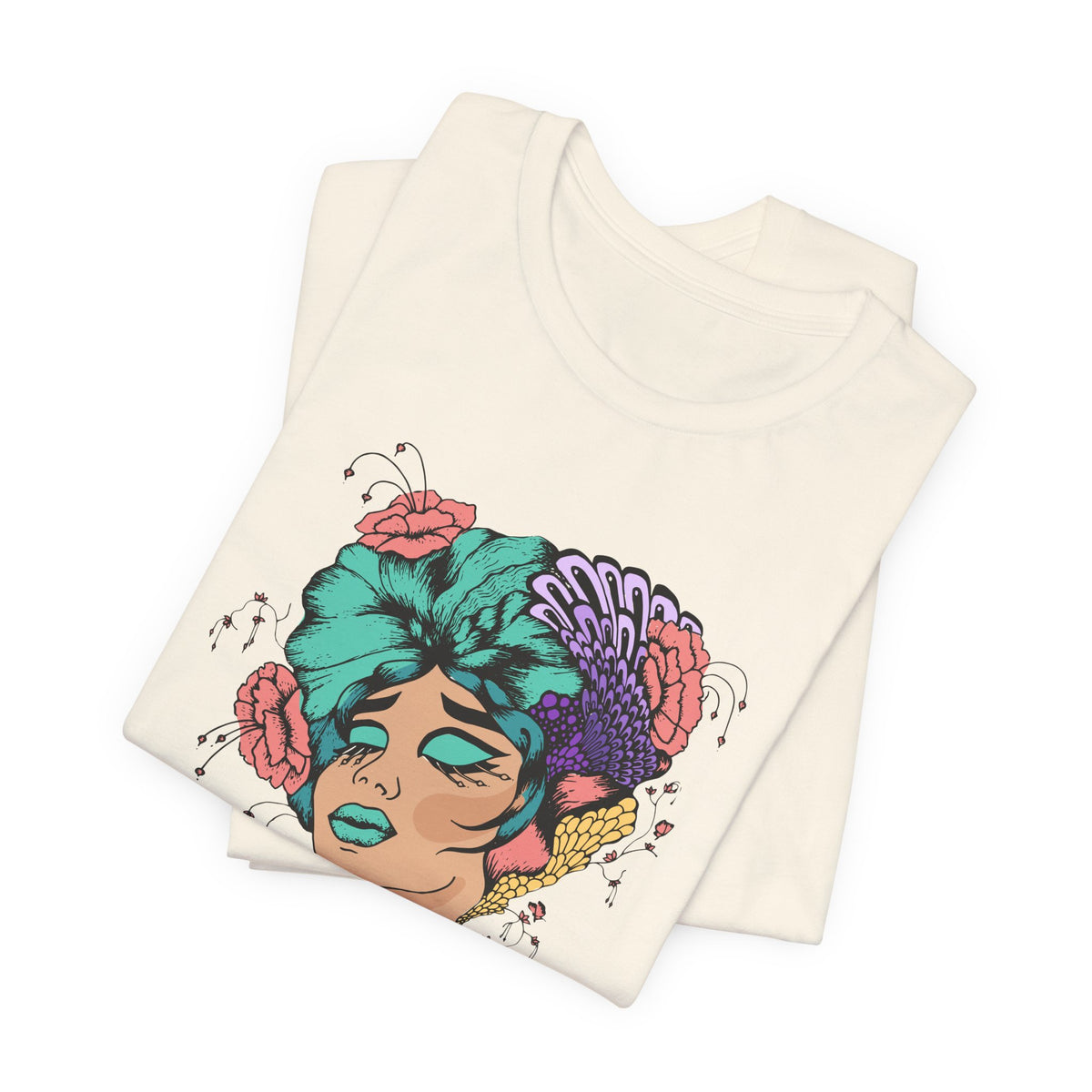 Floral Goddess Art Tee — Colorful Woman Portrait Graphic T-Shirt