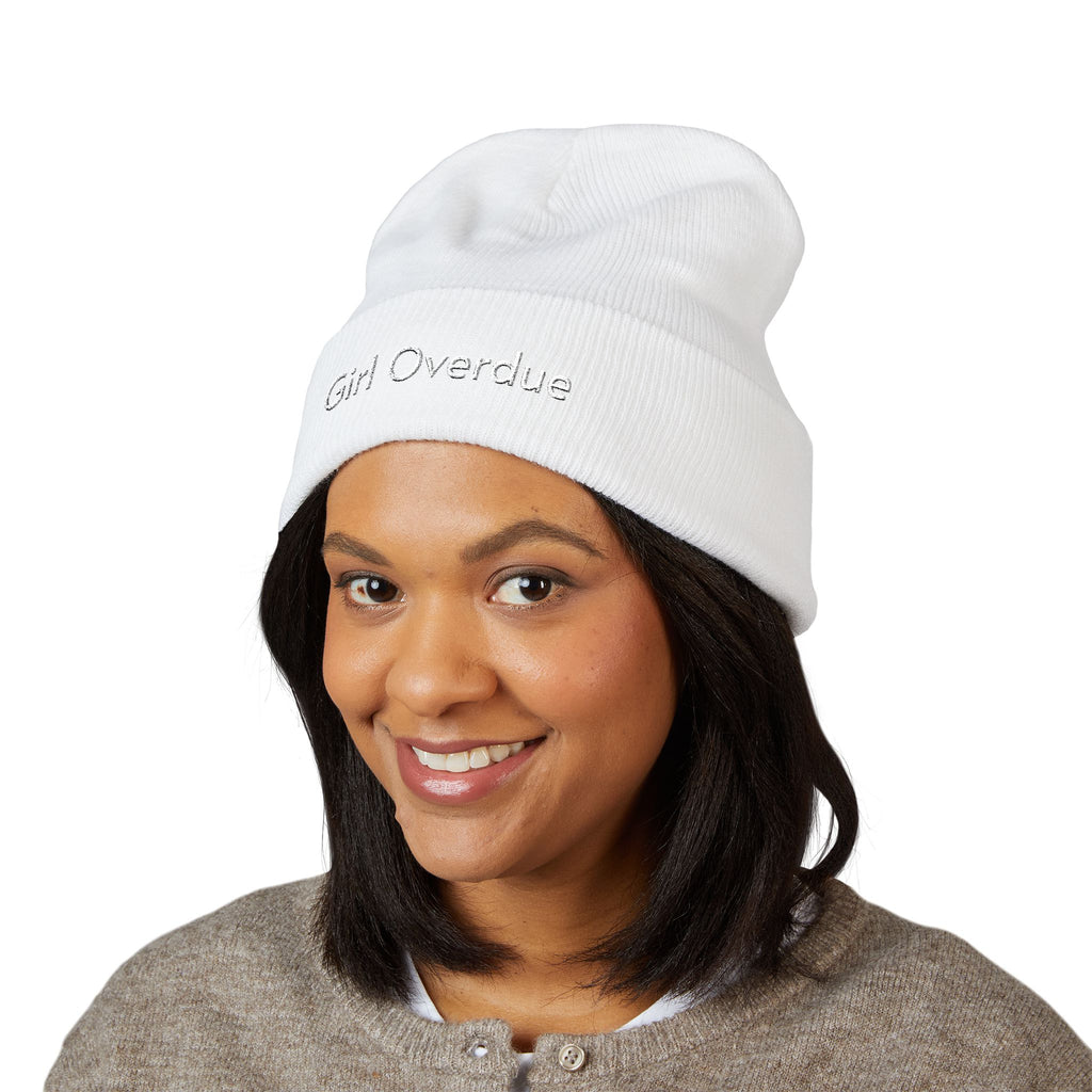 Embroidered "Girl Overdue" Classic Cuffed Beanie — Cozy Feminine Knit Hat