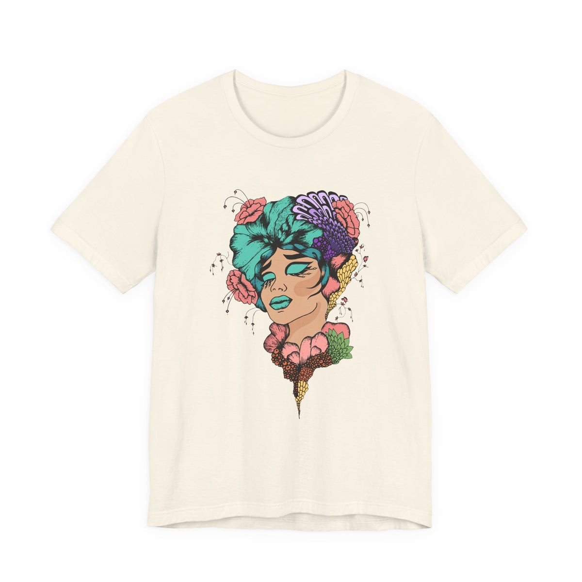 Floral Goddess Art Tee — Colorful Woman Portrait Graphic T-Shirt