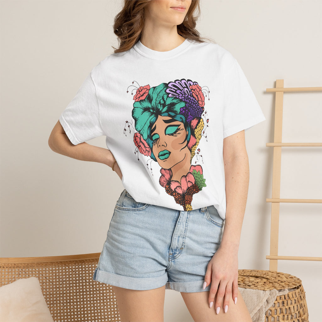 Floral Portrait Graphic T‑Shirt — Colorful Woman Face Art Tee
