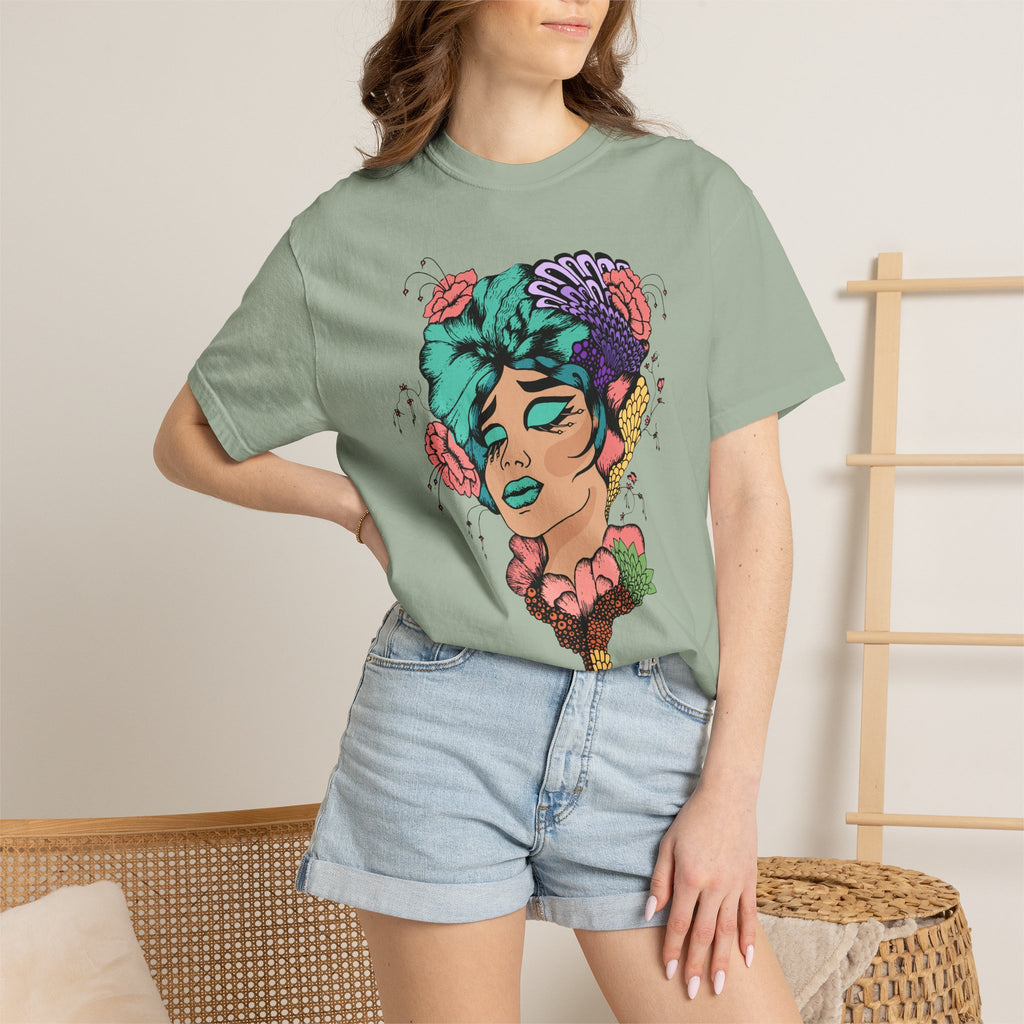 Floral Portrait Graphic T‑Shirt — Colorful Woman Face Art Tee